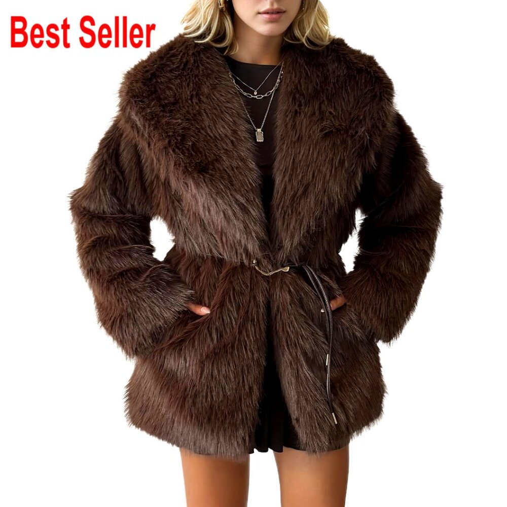 Mid-Length Faux Fur Coat Winter Warm Fluffy Jacket Lapel Fashion